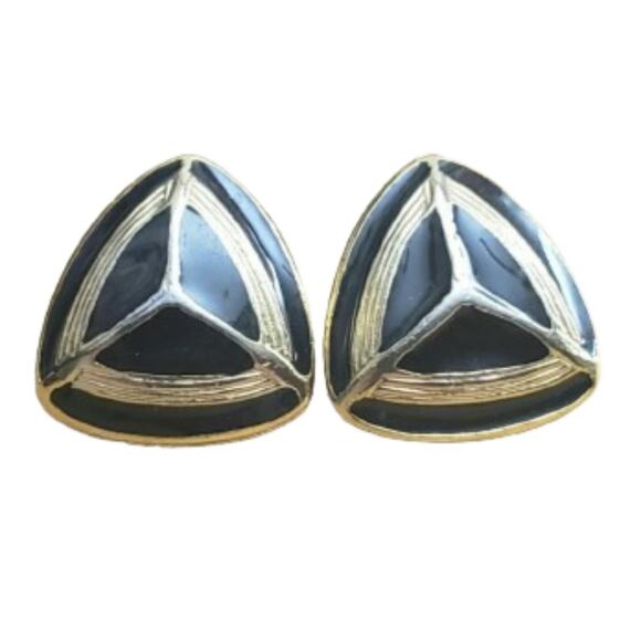 Wishbone Triangle Post Earrings Black and Gold - Picture 1 of 6